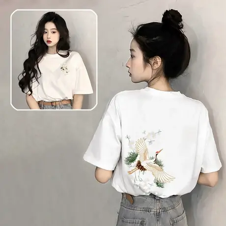 白色国风短袖t恤女2025新款夏季爆款设计感大码纯棉体恤宽松上衣商品大图