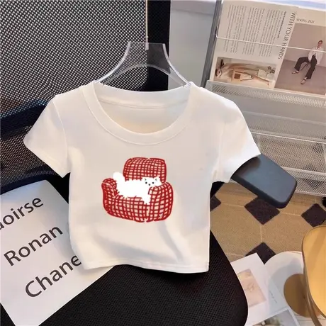 韩系夏季短袖t恤女2025新款百搭可爱卡通印花猫咪修身显瘦上衣ins图片