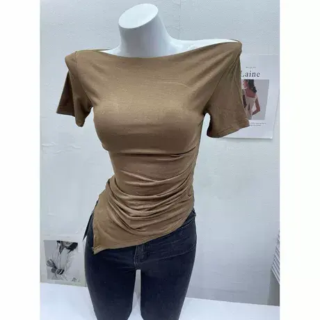 氛围感穿搭~洋气显身材一字领褶皱露肩短袖T恤上衣女修身收腰上衣商品大图