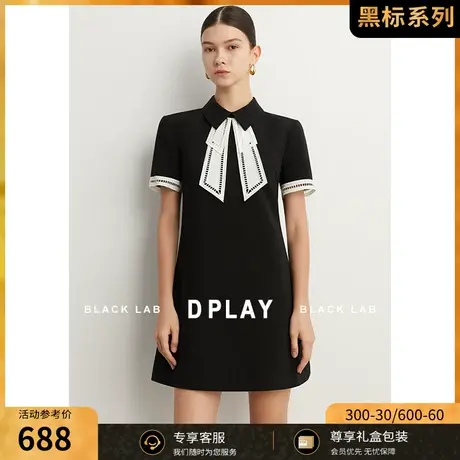 DPLAY2023黑标夏轻奢名媛经典黑蝴蝶结镂空织带短袖连衣裙小黑裙图片