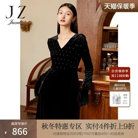 JZ玖姿复古丝绒连衣裙女2022秋季新款气质V领优雅收腰礼服裙子商品大图