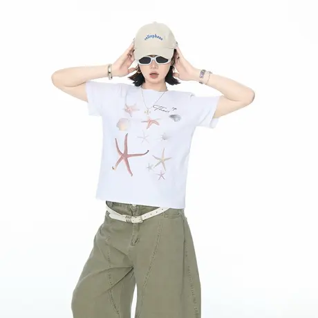 2025新款正肩短款创意印花短袖T恤女修身街头辣妹风夏季半袖上衣商品大图