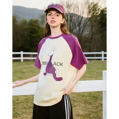 a02撞色拼接设计款兔子大印花短袖夏季百搭简约时尚女式T恤图片