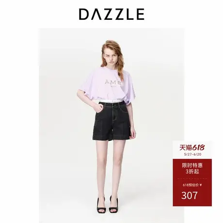 DAZZLE地素奥莱牛仔短裤春夏装黑色拼接腰设计感裤女商品大图