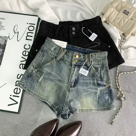 复古水洗抓纹高腰牛仔短裤女2025早春新款小众百搭显瘦a字阔脚裤商品大图