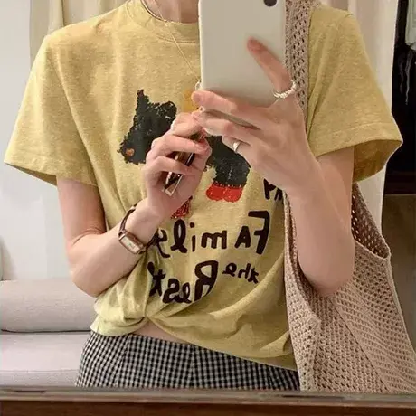 卡通小狗字母印花黄色短袖T恤2025夏季新款正肩圆领薄款半袖上衣商品大图