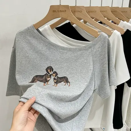 超火cec小狗露肩短袖t恤女夏季慵懒风宽松纯欲斜肩多巴胺上衣ins商品大图