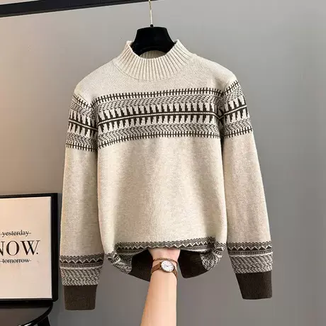 秋冬新款半高领针织毛衣复古减龄重工提花时尚套头撞色设计洋气厚图片
