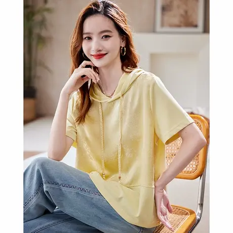 宝诗黎连帽提花拼接短袖T恤2025夏季时尚洋气减龄百搭休闲上衣女商品大图