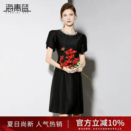 海青蓝名媛小香风连衣裙女2024夏季新款重工钉钻圆领泡泡袖A字裙商品大图