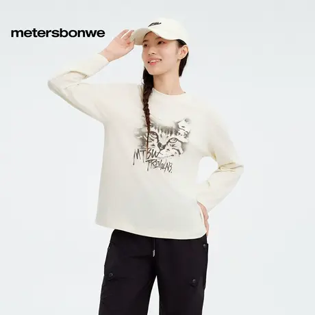 美特斯邦威女2025年秋季新款圆领潮流宽松喷绘动物针织长袖上衣恤商品大图
