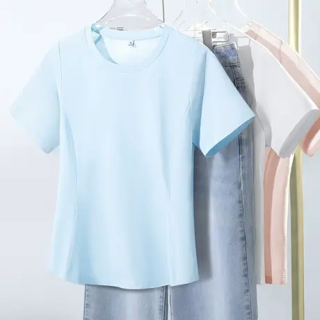 KWV真维斯蓝色冰丝修身速干正肩短袖t恤女2025新款凉感上衣女夏商品大图