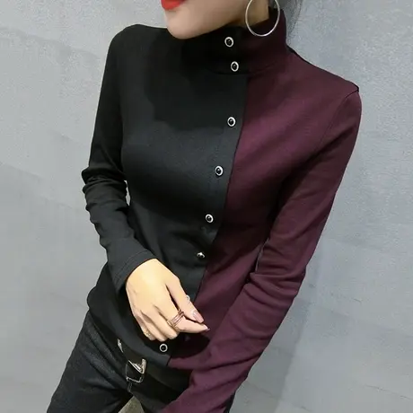 加绒加厚打底衫女秋冬半高领时尚撞色T恤女长袖修身百搭洋气上衣商品大图