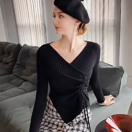 粉红大布娃娃性感抽绳不对称薄款针织衫图片