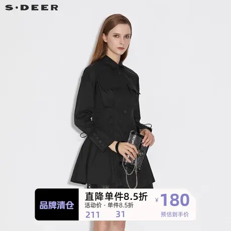 sdeer圣迪奥女装休闲翻领压褶系带黑色长袖衬衫S21360535图片
