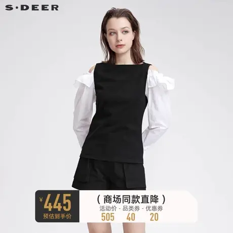 sdeer圣迪奥秋装时尚圆领露肩荷叶边拼接T恤女S22180208图片