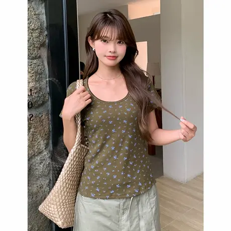 尔给T恤夏季简约休闲U型领短袖T恤女显瘦百搭碎花印花T恤女商品大图