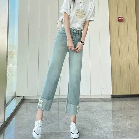新中式国风盘扣直筒牛仔裤女2025夏季薄款高腰八九分小个子烟管裤商品大图