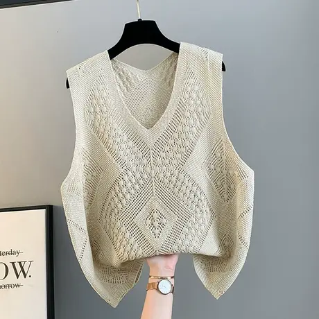 春季新款V领套头复古钩花镂空马甲背心针织宽松型纯色叠穿马夹女图片