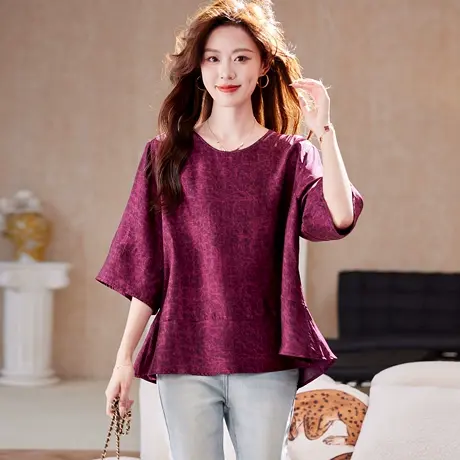 宝诗黎圆领七分袖印花雪纺衫女2025夏季简约气质宽松慵懒休闲衬衣商品大图