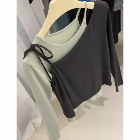 韩系辣妹风简约蝴蝶结系带假两件内搭女秋季新款百搭时尚长袖上衣图片