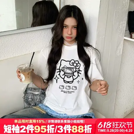 小众ins甜酷风白色正肩t恤女短袖2025新款爆款Kitty猫印花上衣潮商品大图
