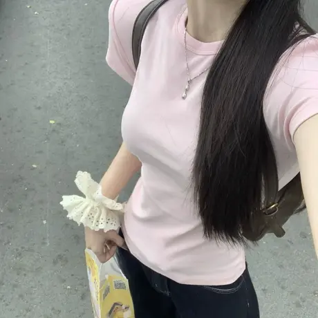 粉色少女感短袖T恤女夏季韩版修身内搭打底衫辣妹正肩半袖上衣潮商品大图