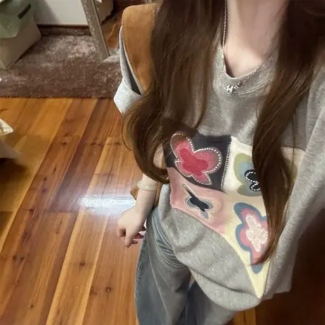 设计感小众贴布绣短袖T恤女夏季宽松韩版百搭纯棉打底衫半袖上衣图片