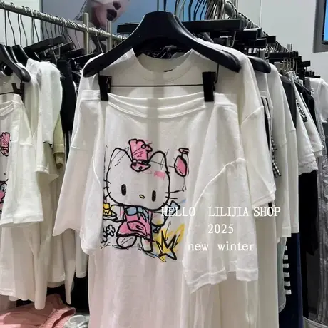 韩国东大门夏季新款卡通印花减龄宽松显瘦百搭斜领露肩短袖T恤女商品大图