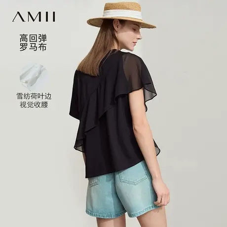 Amii2025夏新款极简套头合体罗马布拼荷叶边雪纺纯色短袖T恤女图片