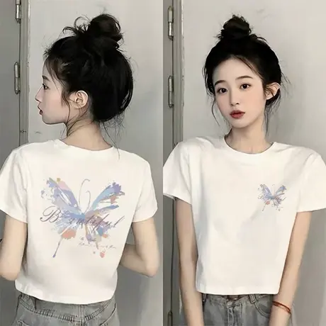 爆款正肩白色短款短袖t恤女2025新款夏季韩版宽松高腰减龄小衫潮商品大图