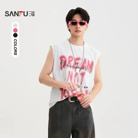 三福2025夏季男士喷漆满版字母背心 街头宽肩圆领上衣505247图片