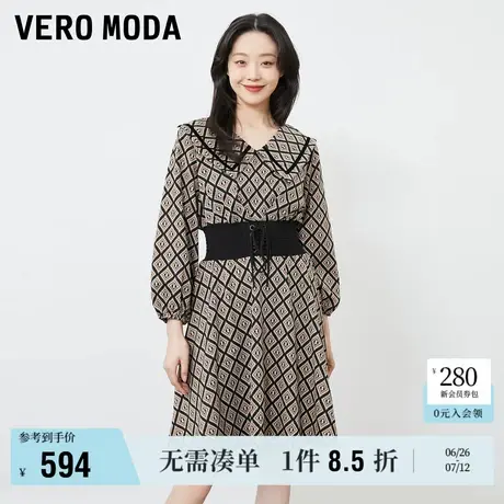 Vero Moda奥莱连衣裙春秋新款优雅翻领松紧腰绑带复古格纹流行商品大图
