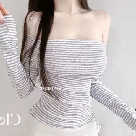 现货 东大门LC616每年都经典~性感显身材露肩条纹紧身长袖T恤se图片