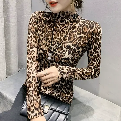 半高领打底衫女春秋2024新款时尚豹纹T恤女装修身紧身内搭上衣潮图片
