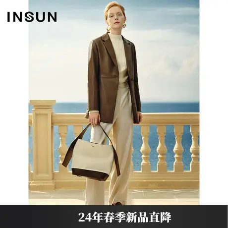 INSUN恩裳专选春季美拉德复古微收腰绵羊皮皮衣图片