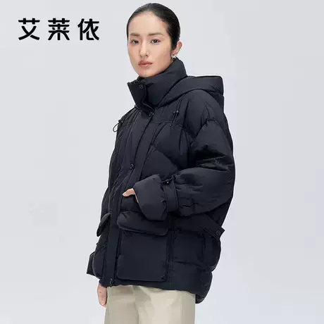 艾莱依奥莱短款羽绒服宽松连帽舒适女冬双口袋设计保暖外套清仓商品大图