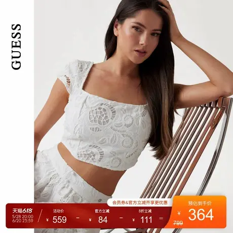 GUESS25年新款夏季女士蕾丝镂空方领短款纯欲上衣-W5GH65WH521图片
