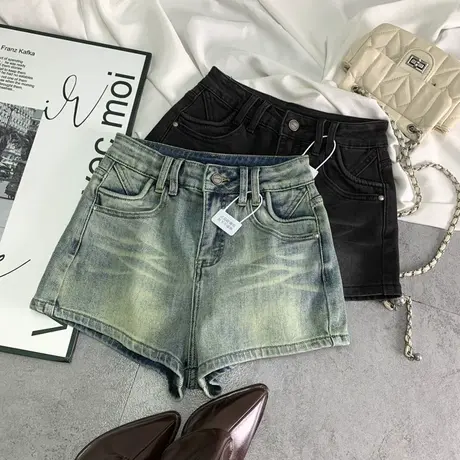 韩国复古水洗抓纹高腰牛仔短裤女2025早春新款弹力包臀a字热裤潮商品大图