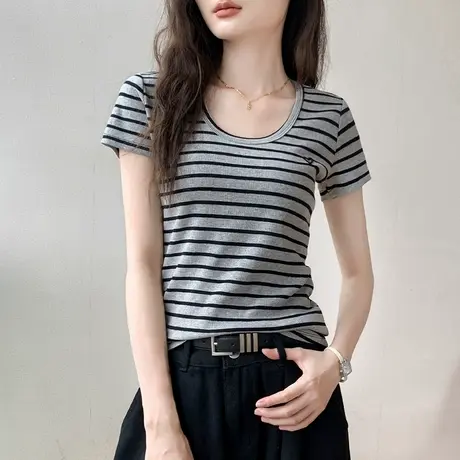 歌倍尚圆领条纹正肩短袖T恤女2025夏季新款修身撞色衬衫内搭上衣图片