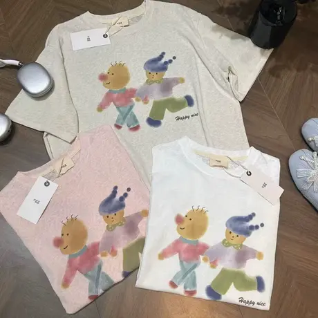 韩代同款卡通涂鸦雪花棉圆领短袖女2025夏季宽松百搭休闲半袖T恤商品大图