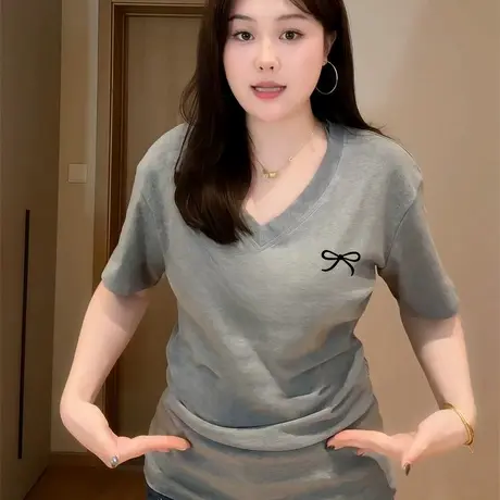 夏季V领T恤女大码oversize宽松短袖设计感正肩独特chic上衣ins潮商品大图