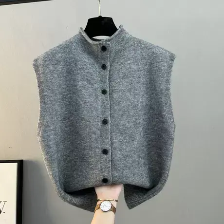 2025年秋冬显瘦半高领马甲百搭坎肩保暖排扣针织上衣无袖背心女装商品大图