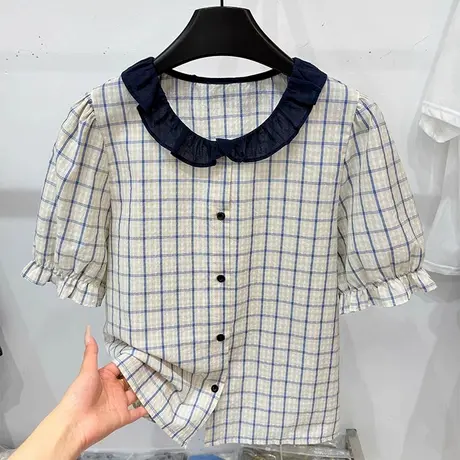 法式气质格子衬衫女2025夏装韩版甜美减龄显瘦温柔小众短袖娃娃领商品大图