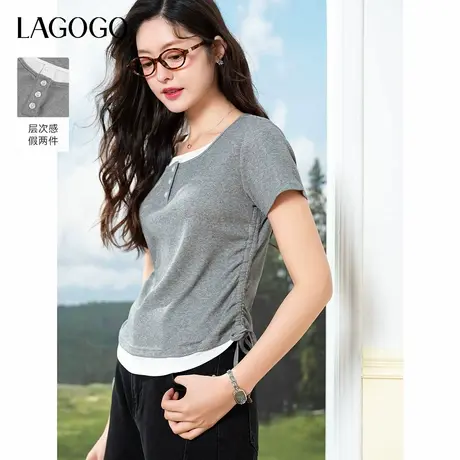 LAGOGO撞色假两件T恤女拉谷谷2025夏新款抽绳收腰显瘦设计感上衣图片