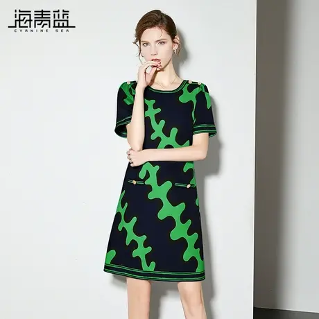 海青蓝设计感时尚印花连衣裙女2025夏季新款圆领显瘦遮肉短袖裙子商品大图