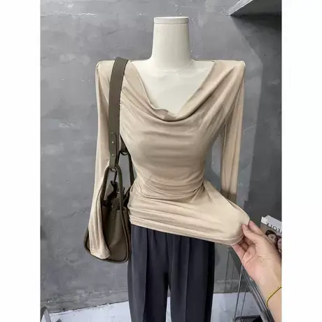 温柔亲肤！韩版荡领长袖T恤打底衫女黑色修身显瘦上衣春装新2022商品大图