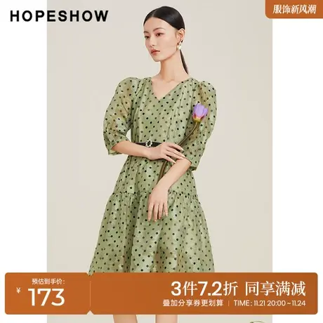 红袖outlets波点提花连衣裙hopeshow春季新款女装泡泡袖V领长裙图片