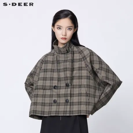 sdeer圣迪奥女装春秋装立领英伦撞色格纹双排扣外套女S21382206图片