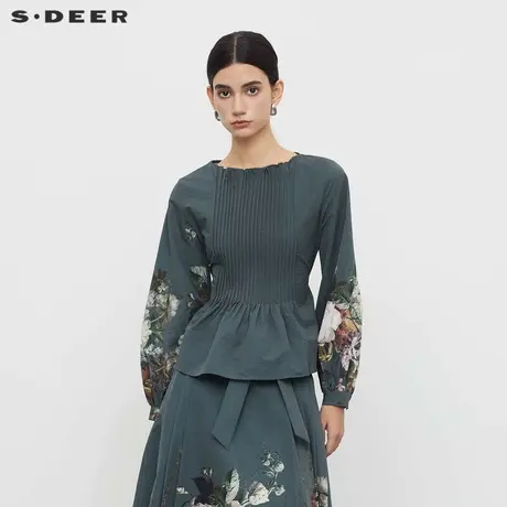 【直播间专属】sdeer圣迪奥风琴褶收腰印花泡泡袖衬衫S233Z0522图片